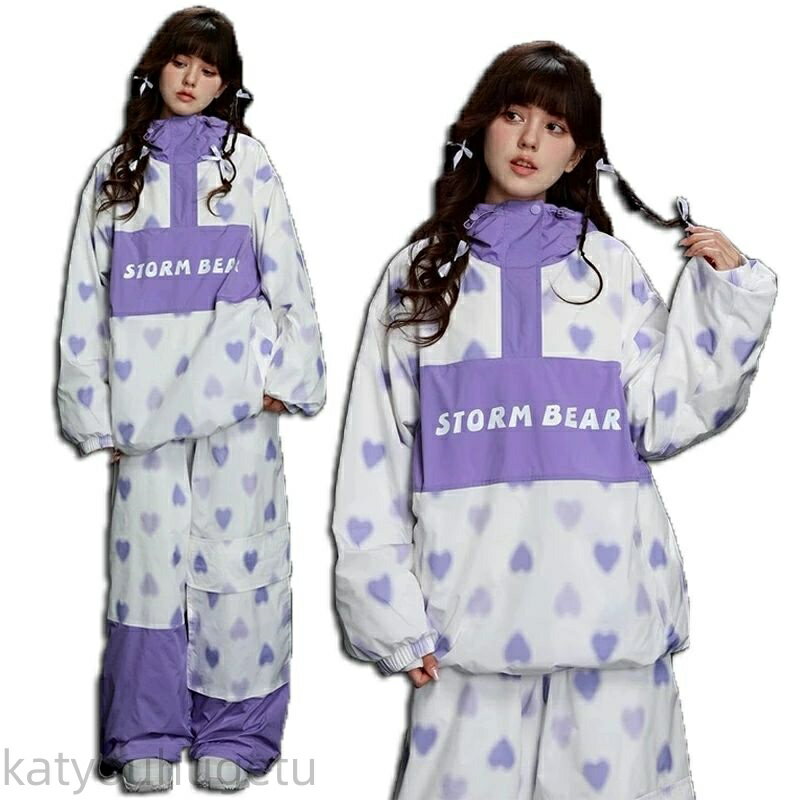 【時間限定10%OFFク一ポン】送料無料 スノーボードウェア スキーウェア スノボウェア レディース 上下セット セットアップ スノボジャケット プルオーバー トップス トレーナー スノボパンツ ロングパンツ ボトムス ズボン 白 パープル かわいい ハート柄 配色 切り替え ライ