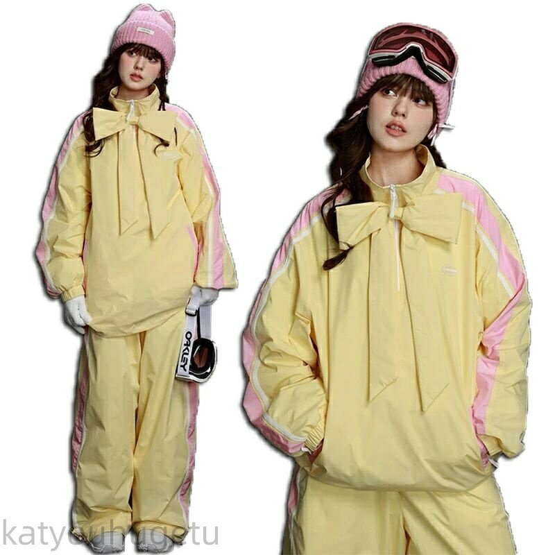 【時間限定10%OFFク一ポン】送料無料 スノーボードウェア スキーウェア スノボウェア レディース 上下セット セットアップ スノボジャケット プルオーバー トップス トレーナー スノボパンツ ロングパンツ ボトムス ズボン ピンク イエロー かわいい リボン 蝶結び 切り替え