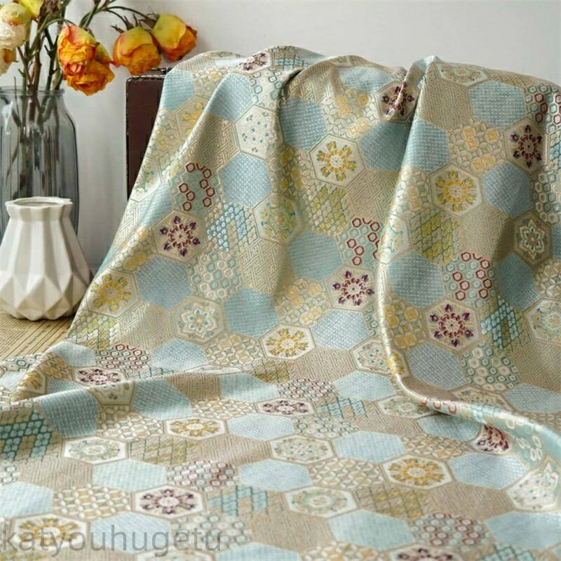 【時間限定10%OFFク一ポン】送料無料 145cm幅 90cm単位 ジャカード生地 生地 布 布地 服生地 色織り 亀背紋柄 花柄 六角形 ブルー イエロー 楽天海外通販