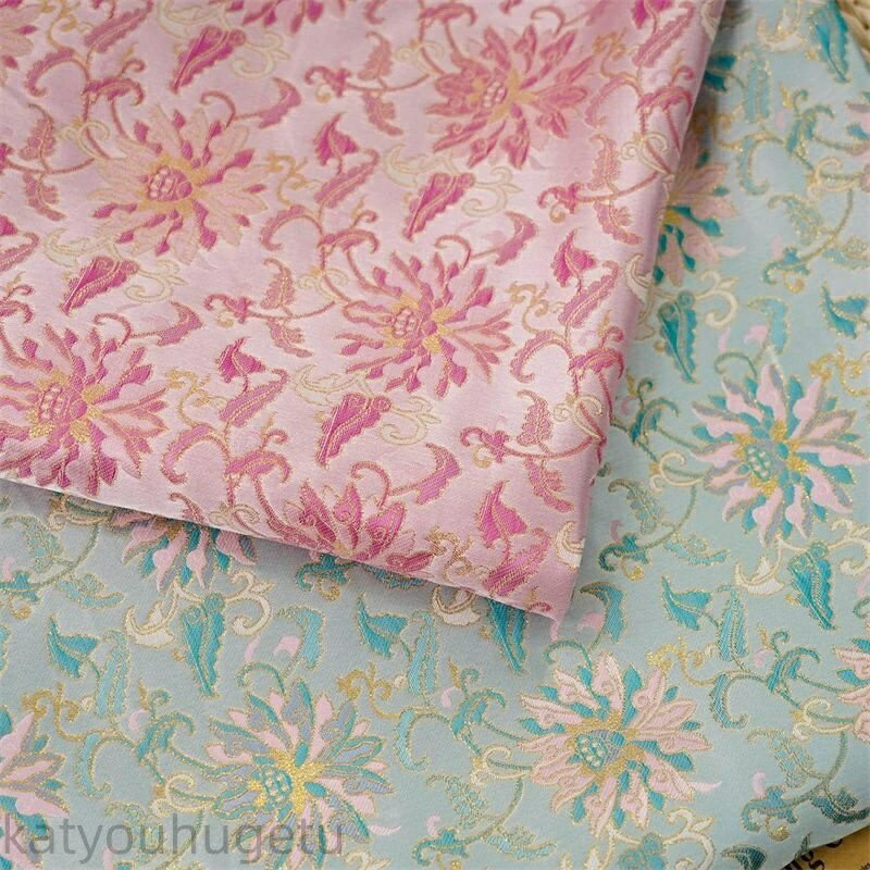 【時間限定10%OFFク一ポン】送料無料 145cm幅 90cm単位 ジャカード生地 生地 布 布地 洋服生地 色織り 菊花柄 ピンク グリーン ブルー 楽天海外通販