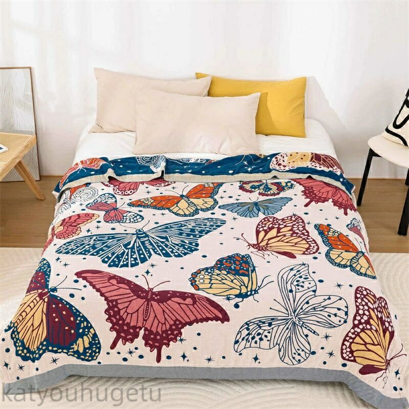 【時間限定10%OFFク一ポン】送料無料 両面使える マルチカバー タオルケット ガーゼケット 多機能 布団 掛け毛布 フルカバー ソファカバー かけるだけ ソファーパッド ブランケット ベッドカバー テーブル掛け枚 キャンプカーペット 大判 四季通用 胡蝶柄 200x230cm 楽天海外