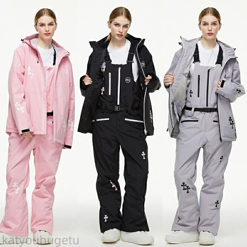 【時間限定10%OFFク一ポン】送料無料 スノーボードウェア 上下セット スノボ セットアップ スキーウェア スノボウェア レディース メンズ スノボー スキー スノーボード 前開きジャケット ビブパンツ ボトムス 十字架柄 楽天海外通販