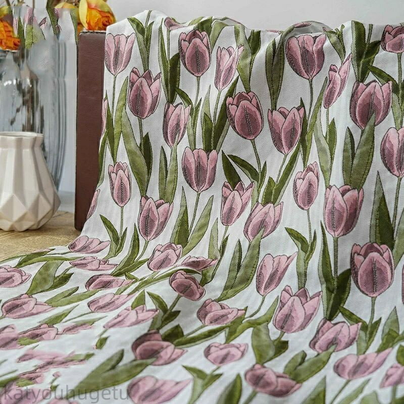 【時間限定10%OFFク一ポン】送料無料 140cm幅 90cm単位 生地 布 布地 きじ ジャカード生地 洋服生地 色織り 花柄 チューリップ柄 黒 白 ピンク グリーン 楽天海外通販