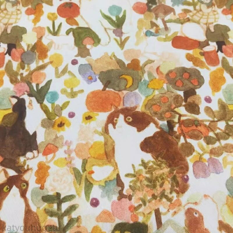 【時間限定10%OFFク一ポン】送料無料 幅145cm 90cm単位 生地 布 布地 ぬの きじ プリント 秋園の犬柄 猫柄 イエロー ブラウン スカート生地 パジャマ生地 楽天海外通販