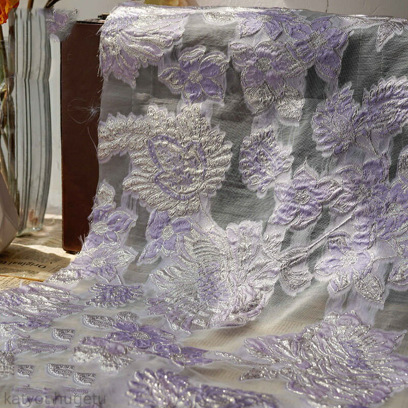 【時間限定10%OFFク一ポン】送料無料 135cm幅 90cm単位 生地 布 布地 きじ ジャカード生地 エンボス生地 色織り 花柄 パープル 透明 薄手 楽天海外通販
