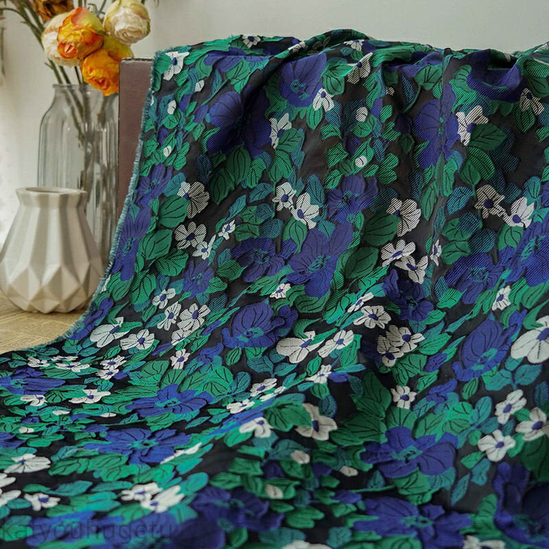 【時間限定10%OFFク一ポン】送料無料 155cm幅 90cm単位 生地 布 布地 きじ ジャカード生地 エンボス生地 色織り 花柄 植物柄 ブルー グリーン 楽天海外通販