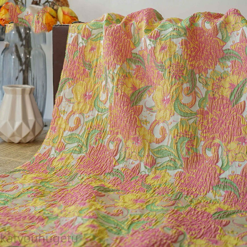 【時間限定10%OFFク一ポン】送料無料 140cm幅 90cm単位 生地 布 布地 きじ ジャカード生地 エンボス生地 色織り 花柄 イエロー オレンジ グリーン 楽天海外通販