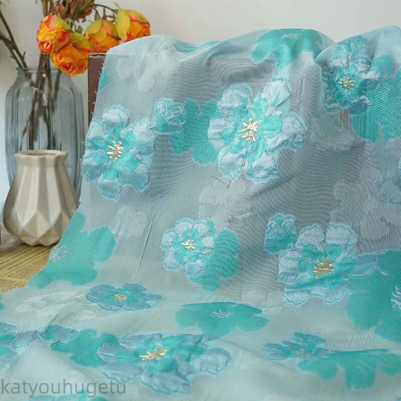 【時間限定10%OFFク一ポン】送料無料 140cm幅 90cm単位 生地 布 布地 きじ ジャカード生地 エンボス生地 色織り 花柄 ブルー ピンク やや透明 薄手 夏 楽天海外通販