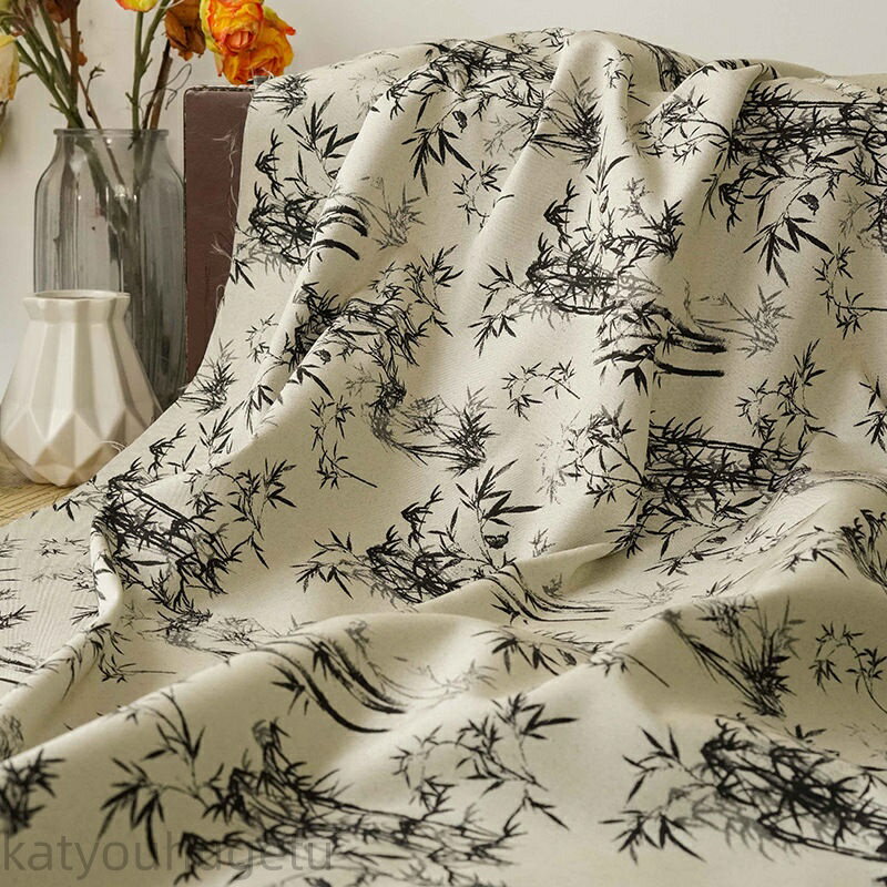 【時間限定10%OFFク一ポン】送料無料 135cm幅 90cm単位 生地 布 布地 きじ ジャカード生地 色織り 水墨竹柄 中華風 黒 白 ブラック ホワイト 楽天海外通販