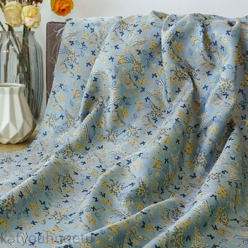 【時間限定10%OFFク一ポン】送料無料 160cm幅 90cm単位 生地 布 布地 きじ ジャカード生地 色織り 花柄 蝶柄 ブルー 楽天海外通販