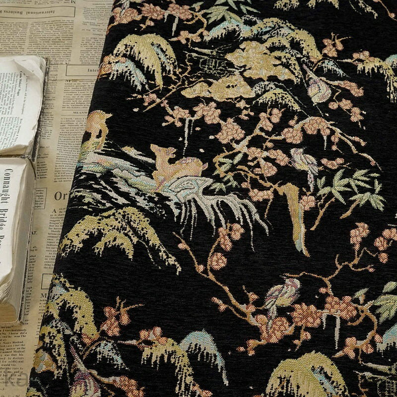 【時間限定10%OFFク一ポン】送料無料 145cm幅 90cm単位 生地 布 布地 きじ ジャカード生地 色織り 鹿柄 山柄 植物柄 花柄 ブラック やや硬い 厚手 楽天海外通販