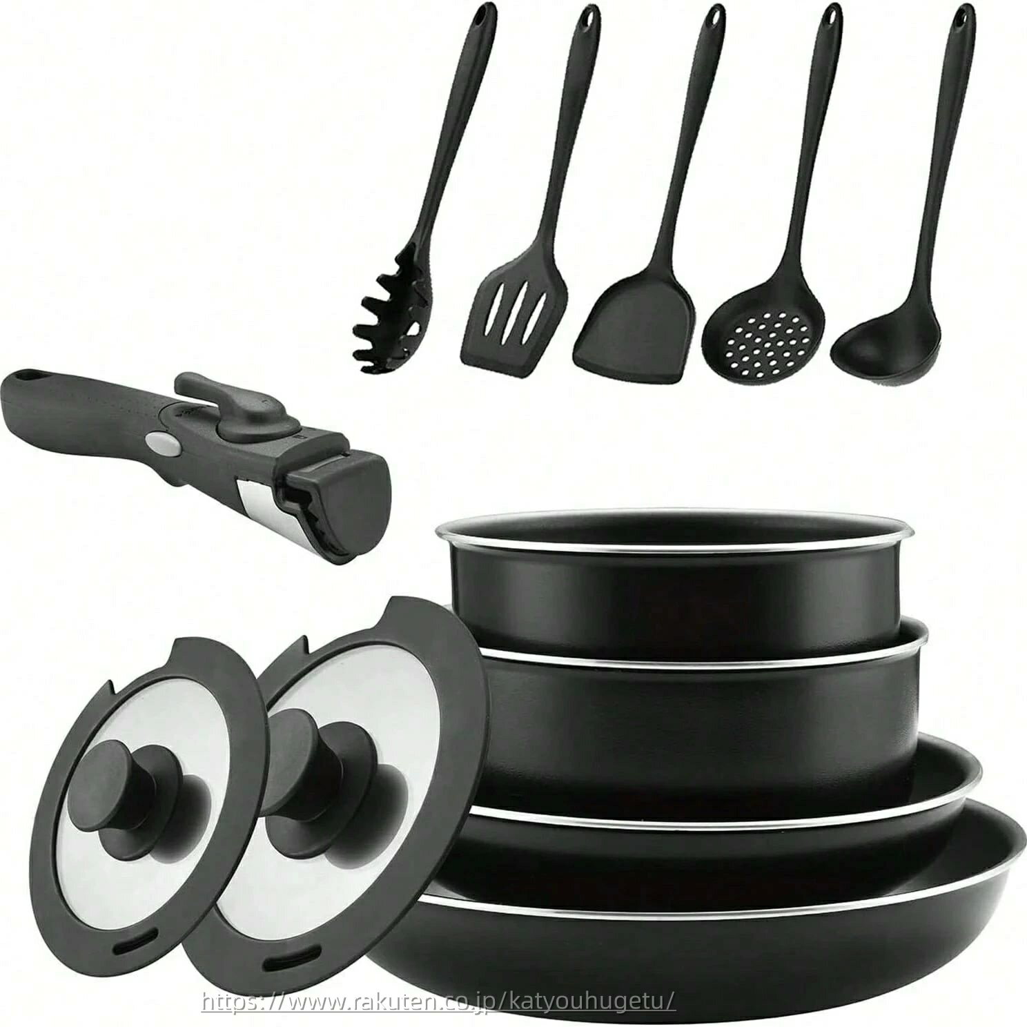 【収納用品まとめセット】【送料無料】フライパン 鍋 12点セット ダイヤモンドコーディング ブラック 収納 フライパンセット ガス火/IH対応 取っ手が取れる 鍋 セット 18-26cm（ブラック）