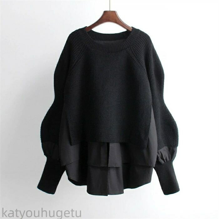 【時間限定10%OFFク一ポン】【送料無料】セーター ぽわん袖 バルーンスリープ ブラウス 異素材 パッチ..