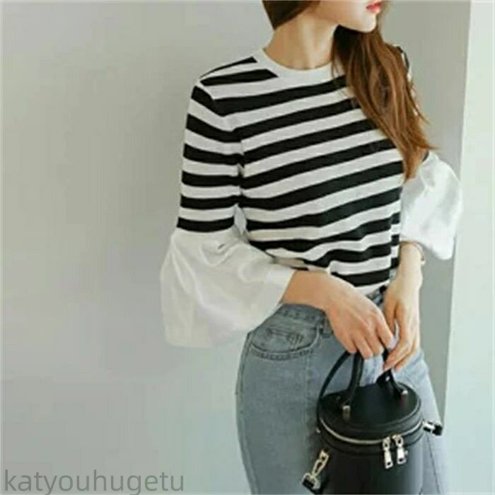 【時間限定10%OFFク一ポン】【送料無料】ニットブラウス 異素材 サマーニット ブラウス リブフレア バ..