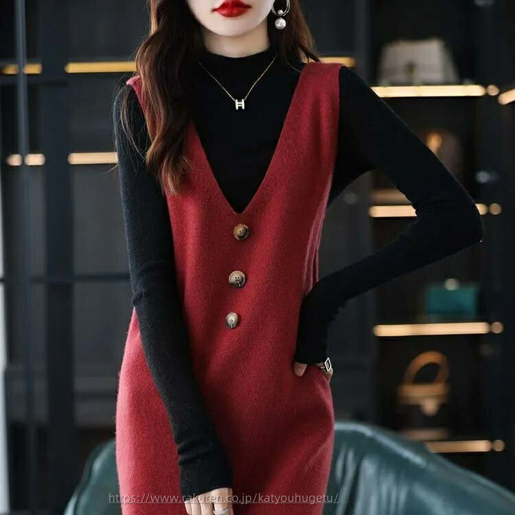 【時間限定10%OFFク一ポン】【送料無料】ニッ ロングベスト ジャンパースカート ニットワンピース ワン..