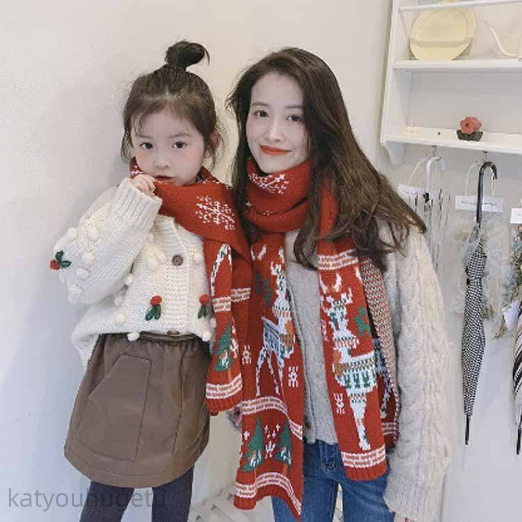 【冬のおすすめアイテム特集】【送料無料】大判ストール 子供 保温 厚手 マフラー キッズ 女の子 男の子 クリスマス 親子 レディース ニットマフラー トナカイ柄 親子