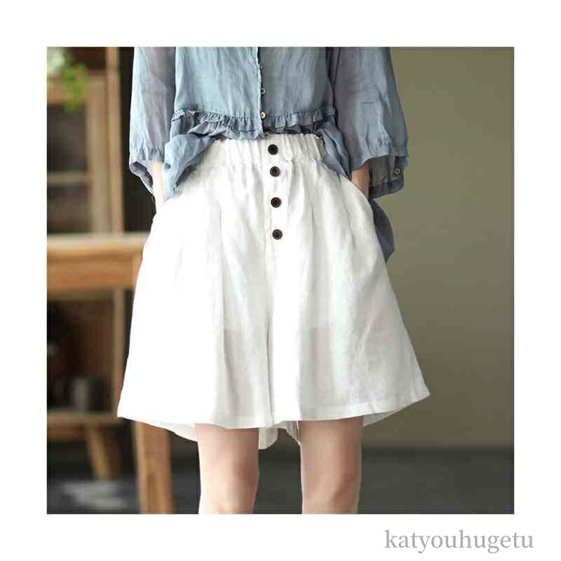 【送料無料】ゆったり 綿麻 ワインドパンツ カジュアルパンツ ボトムス パンツ レディース ハーフパンツ 短め 短パン ショートパンツ