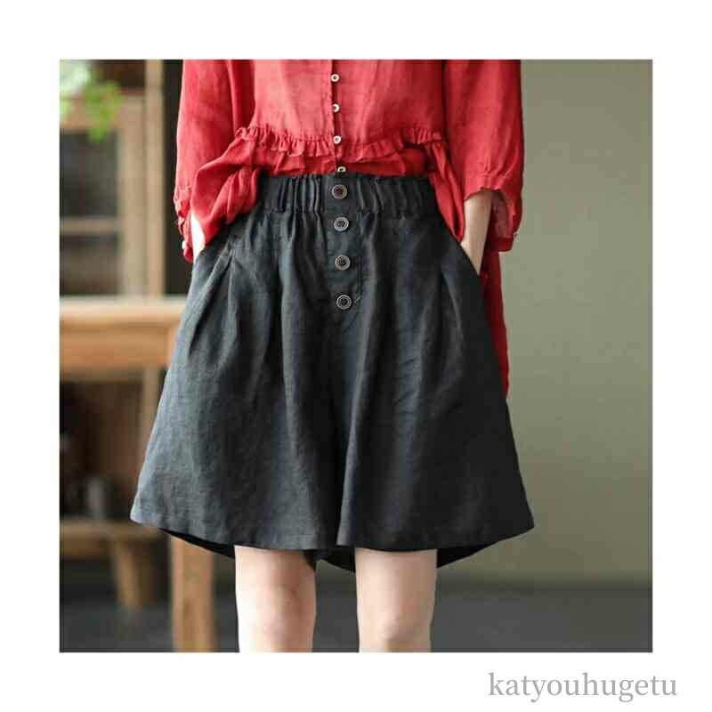 【送料無料】ゆったり 綿麻 ワインドパンツ カジュアルパンツ ボトムス パンツ レディース ハーフパンツ 短め 短パン ショートパンツ