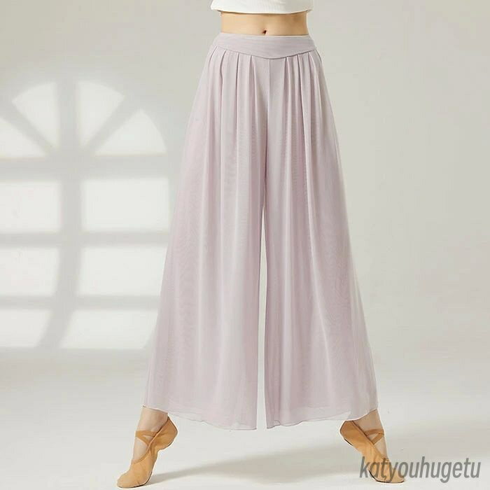 【送料無料】ダンス パンツ ガウチョパンツ ワイド パンツ ロング丈 ウエストゴム ふんわり 2枚 メッシュ パンツ レディース パンツスカート フレアパンツ ダンス パンツ