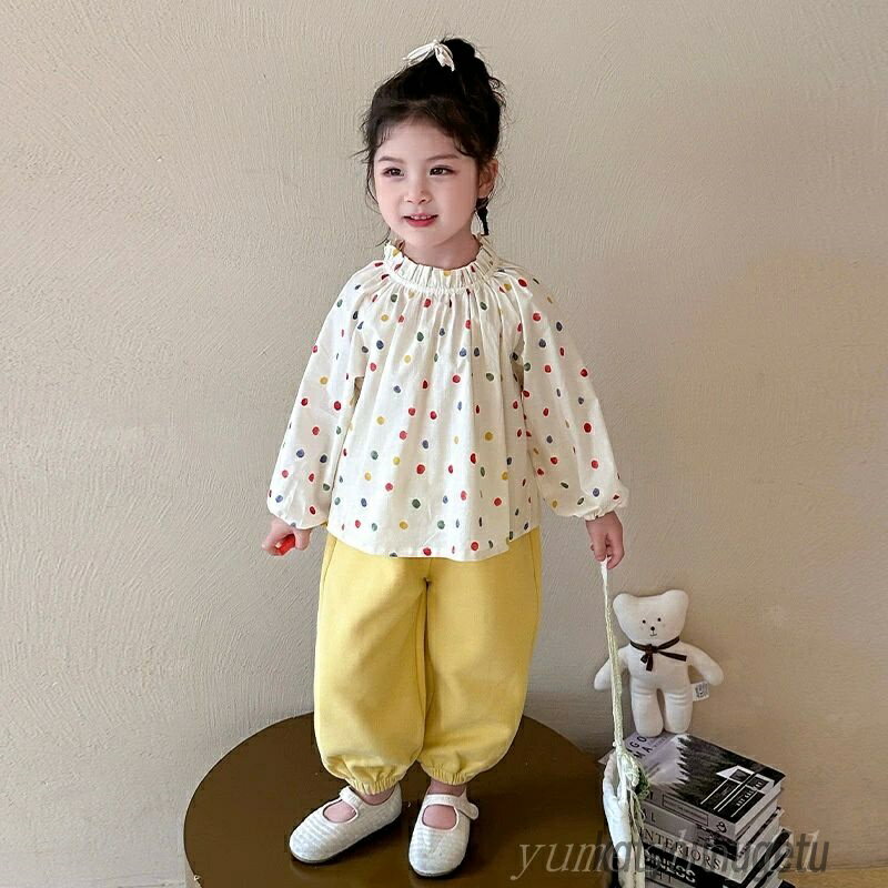 ガールズキッズ2025新作洋菓子おしぼりラウドシャツカジュアルパンツ女の子春と秋の子供2点セット