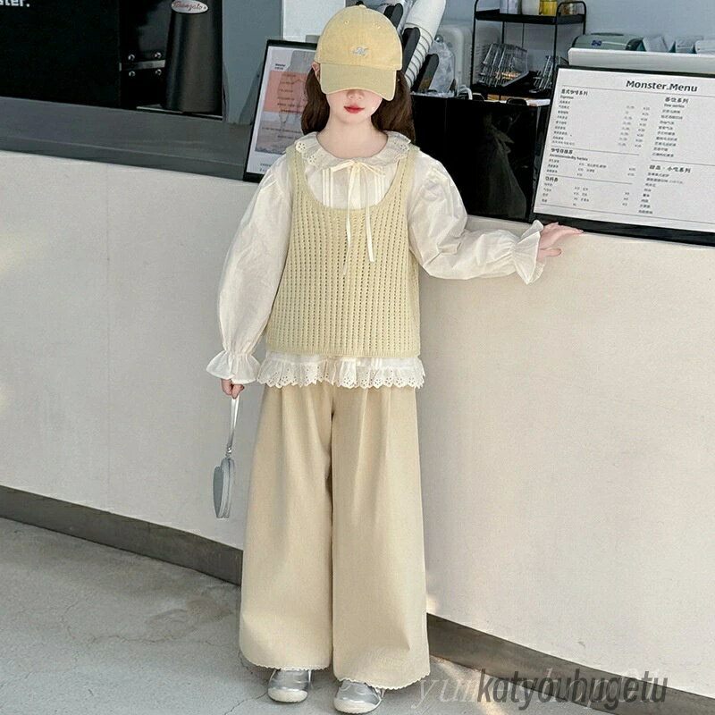 女の子ファーショーツ2025新型春秋子供洋気ニットベストシャツワドパンツ三点セットト春服(4)