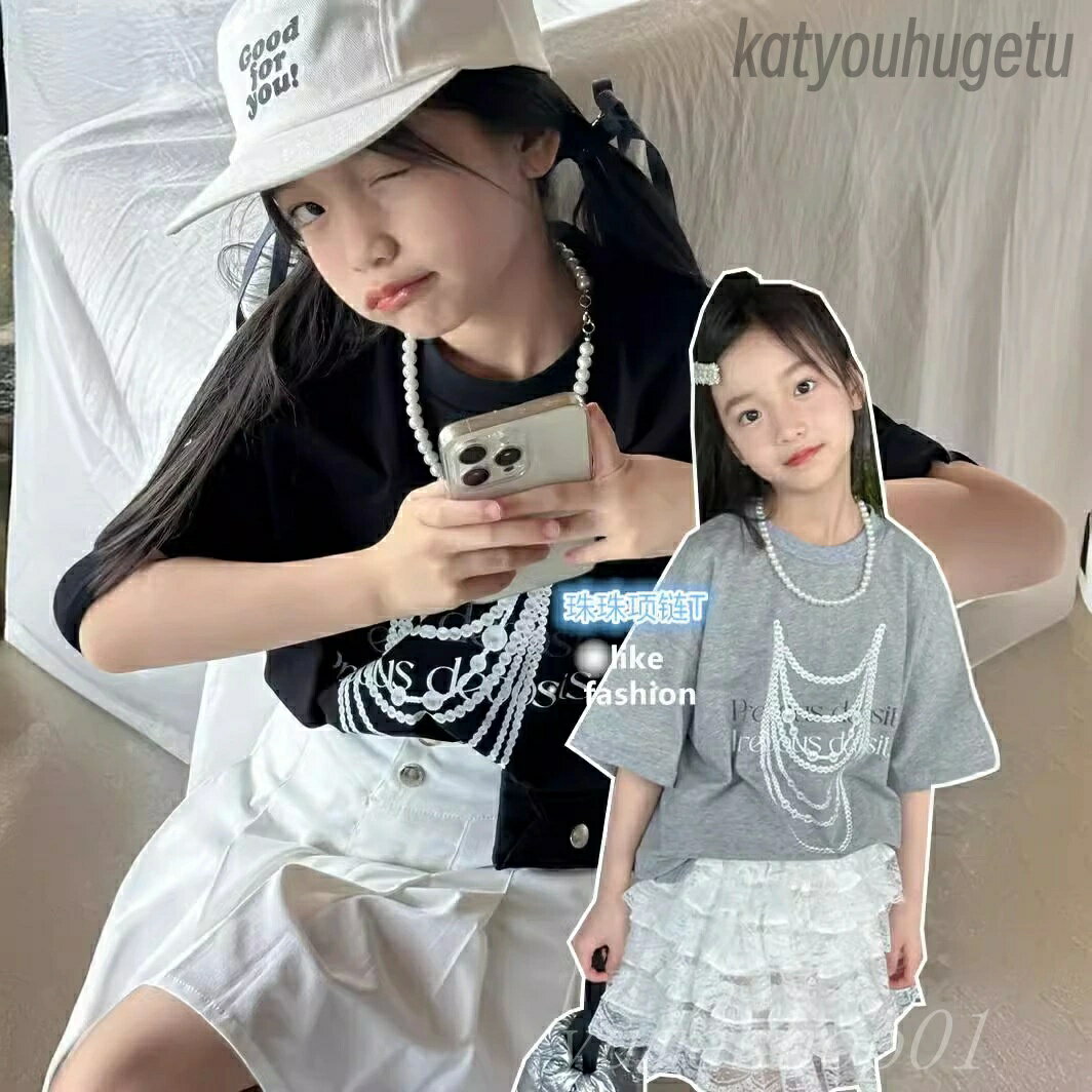 【送料無料】夏の新型の女の子のアイロンの絵のネックレスのtシャツのゆったりしている大きい版の中で..