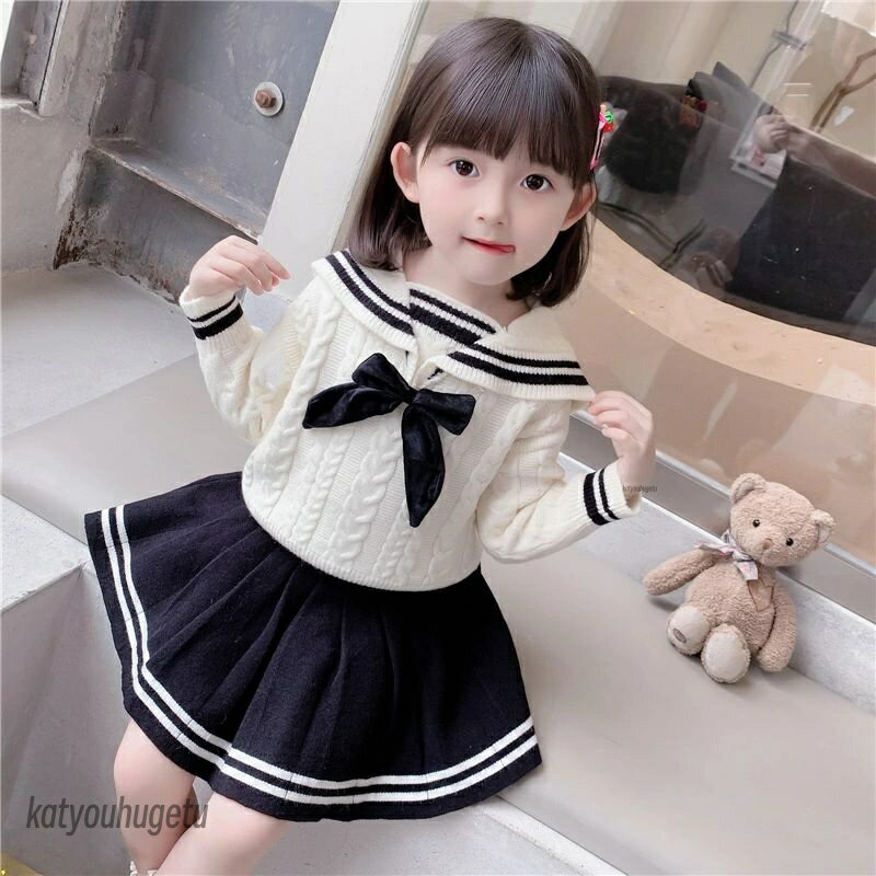【送料無料】長袖ニットセットアップ 子供服 カジュアル キッズ 女の子 リボン ニット セーター セーラー スカート 春 秋 冬 上下セット 学院風 通学 小学生 卒業式 入学式