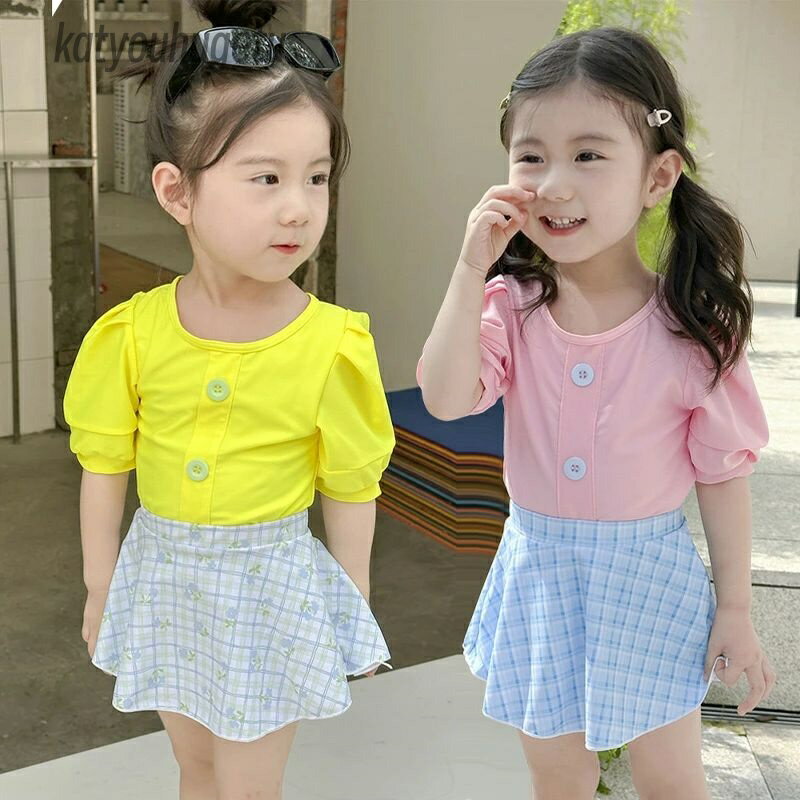 【送料無料】速乾性 日焼け止め ガールズ ティーンエイジャー 上下セット ミディ チェック柄 気質なパフスリーブ スイムウェア 水着 子供用