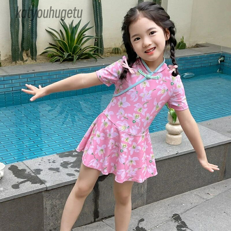 【送料無料】日焼け止め ガールズ ティーンエイジャー ワンピース オールインワン 気質なチャイナドレス 花柄 スイムウェア 水着 子供用