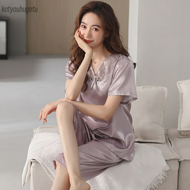 【送料無料】おしゃれ セットアップ ルームウェア ママ 女性 アイスシルク ひざ丈 大きいサイズ 半袖 夏用 レディース
