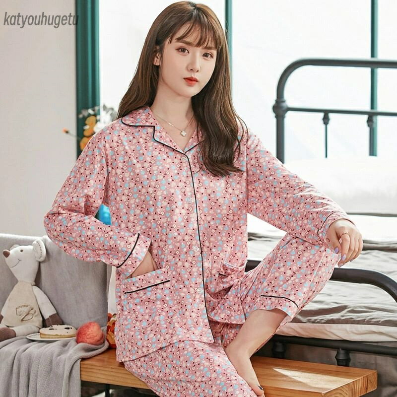 【送料無料】花柄 ズボン ホームウェア 大きいサイズ 長袖セット 春/夏/秋 女性 コットンパジャマ 長袖 綿 レディース