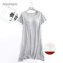 【送料無料】春 レディース 外出 部屋着 パジャマ ロングTシャツ ロングワンピース ボーダー ワンピー 半袖 長袖 ルームウエア カップ付き