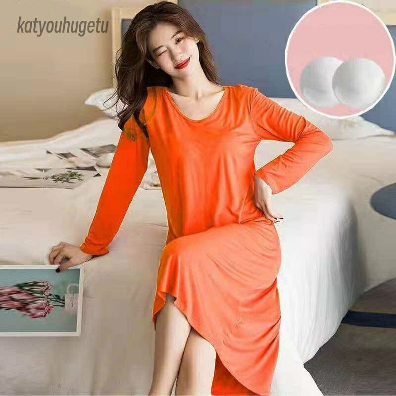 【送料無料】冬 秋 夏 春 レディース 外出 部屋着 パジャマ ロングTシャツ ロングワンピース ワンピー 膝丈 長袖 ルームウエア カップ付き