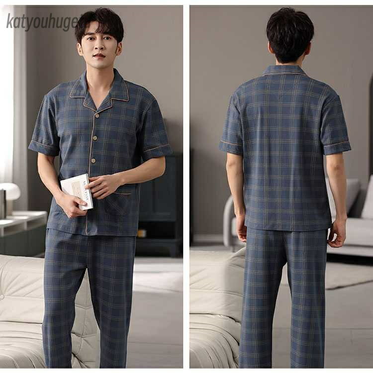 【送料無料】部屋着 男性 メンズパジャマ 父の日 長袖 大人 前開き 上下セットアップ ルームウェア 綿95%素材 チェック柄パジャマ