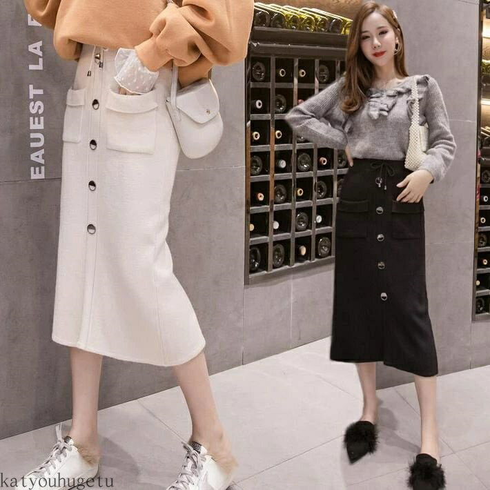 【送料無料】スリット ハイウエスト ひざ丈 ミディア丈 ストレッチ タイトニットスカート タイトスカート ニットスカート