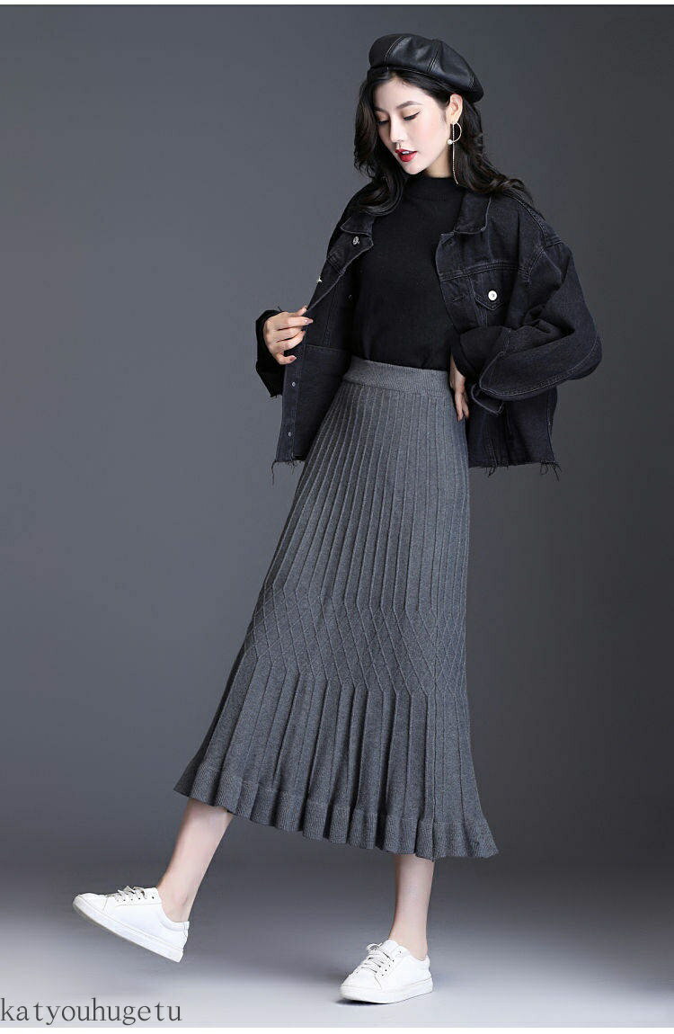 【送料無料】ロングスカート ニットスカート フレアスカート レディース 大きサイズ 秋冬 ニット ハイウエスト フリルスカート