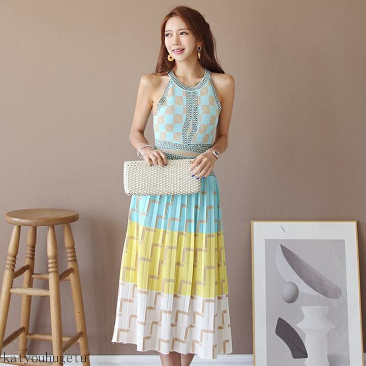 【送料無料】ハイウエスト ミドル丈 ドレス ワンピース レディース. セクシー. プリーツスカート. Aライン. ノースリーブニットワンピース.