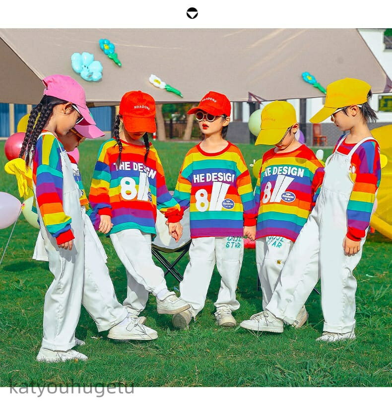 【送料無料】子供服 ダンス衣装 セットアップ キッズ サロペット トレーナー 虹色 長袖 ズボン スカート 白 幼稚園 遊戯会