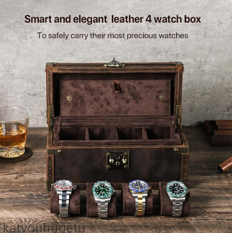 【送料無料】本革 父の日 腕時計ケース 本革 牛革 復古 時計ケース 4本用 ウオッチケース 収納ボックス コレクションケース 持ち運び