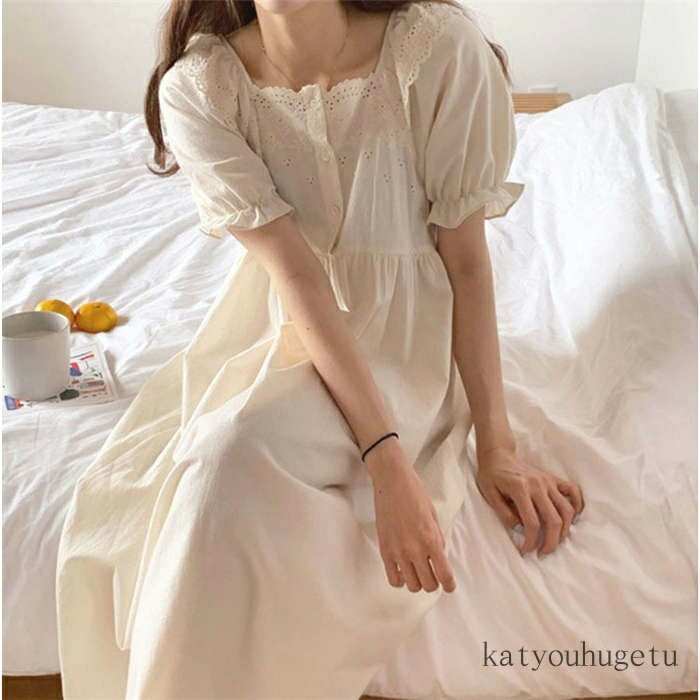 【送料無料】ロング丈ネグリジェ お姫 大人可愛いパジャマ 白レース 半袖ワンピース レディース 春夏 ネグリジェ