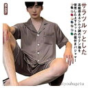 【送料無料】大きいサイズ ハーフパンツ 夏 吸水速乾 前開き 半ズボン サテン メンズ ルームウェア 半袖 2点セット アイスシルク 襟付き