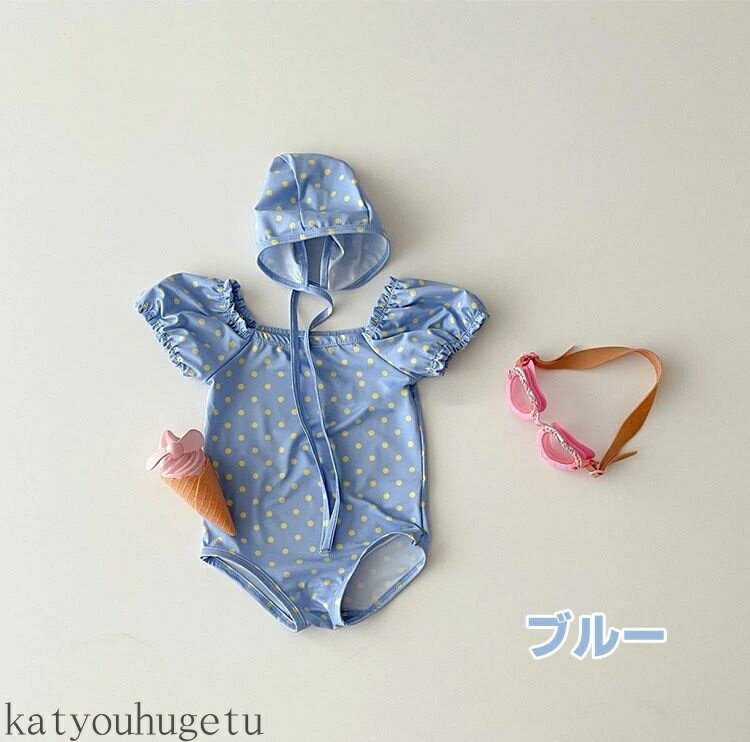 【送料無料】赤ちゃん 3色 ハート柄 ドット柄 チェック柄 かわいい キャップ付き 半袖 キッズ 2点セット 女の子 ワンピース水着