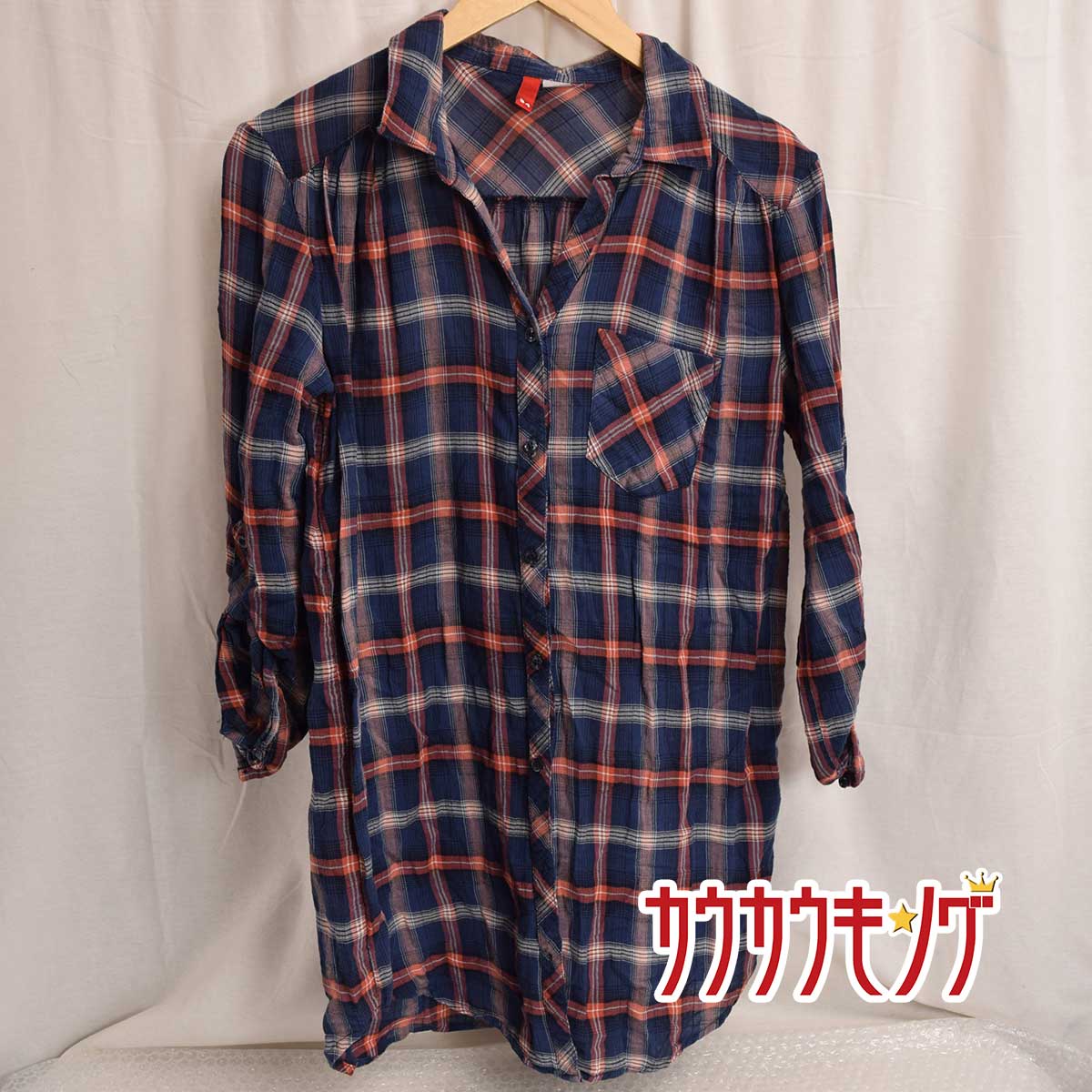 【中古】H&M DIVIDED ロング丈 チェック シャツ 34 ネイビー x オレンジ レディース