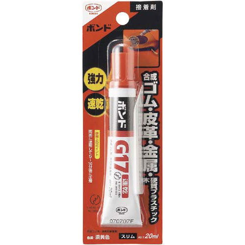 速乾性に優れ、仮止めの入らない強力接着対応。衝撃に強いので、はがれる心配もありません。●容量／20ml●成分／クロロプレンゴム●液色／淡黄色●対応素材／皮革、合成ゴム、硬質プラスチック、木材、金属●メーカー名／コニシ●商品名／ボンドG17●※各メーカーの見解に基づいております。※被着体の状況によっては、適合素材であっても貼りつかない場合があります。●単位／1本●メーカー品番／タ−670▼kaumall▼