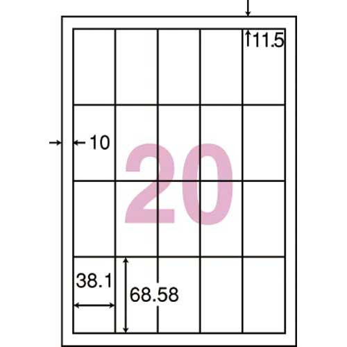 大量使用のオフィスには中箱なしのシンプルパック。●包装形態／中袋なし（シンプルパック）、中袋なし●サイズ／A4●種別／20面四辺余白付●紙厚／総厚：134±10μm（ラベル本体：78±5μm）●カット数／20面カット四辺余白付●一片の大きさ／38．1×68．58mm●白色度／91％（ISO方式）●対応プリンタ／レーザー（カラー・モノクロ）、コピー機（カラー・モノクロ）、インクジェット（染料・顔料）、熱転写●単位／1箱（500枚入）●メーカー品番／CD20SA▼kaumall▼