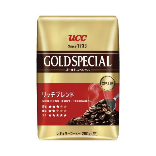 「UCC」の技術力と惜しみない手間ひまにより、コーヒーの奥深さが味わえる本格コーヒー。「単品焙煎」で豆の個性を最大限引き出しました。挽く時間と香りを楽しめる炒り豆タイプ。優雅な香りと深みのある味わい。●種別／炒り豆リッチブレンド●容量／250g●賞味期限／商品の発送時点で、賞味期限まで残り120日以上の商品をお届けします。●ブランド／ゴールドスペシャル●フレーバー／優雅な香りと深みのある味わい●仕様／レギュラーコーヒー（豆）●単位／1袋（250g入）●メーカー品番／393286※メーカーの都合により、パッケージ及び内容量、生産地などが予告なく変更される場合がございます。ご了承ください。▼kaumall▼