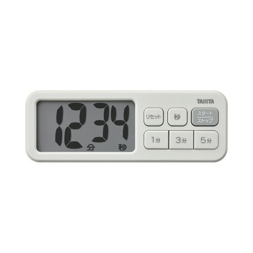 抗菌仕様（SIAA認証）で清潔に使える「でか見え」タイマー。「1分」「3分」「5分」「秒」のボタンで設定が便利。見やすい文字高30mmの大型表示。押しやすい大きなボタン。●寸法／約幅134×奥行17×高さ48mm●外寸法／約幅99×高さ179×奥行19mm●画面寸法／文字高30mm●質量／約73g（電池含む）●材質／ABS●カラー／マットグレー●仕様／タイマー機能：カウントダウン方式、設定時間：最大99分59秒（1秒単位）、アラーム鳴動時間：約30秒、電源：CR2032コイン形リチウム電池×1個、電池寿命：約1年（1日1回30秒間アラームを鳴らした場合）、使用温度範囲：0−40度●付属品／取扱説明書（保証書付）、お試し用電池●保証期間／1年●単位／1個●メーカー品番／TD431　GY▼kaumall▼