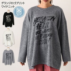 送料無料 グランジロゴプリントロング丈ワイドニット レディース トップス 秋服 秋 リブ チュニック 洗える ゆったり 大きめ ニットソー セーター プルオーバー カジュアル 韓国ファッション ストリート 体型カバー