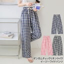 ギンガムチェックリネンライクドロストイージーワイドパンツ レディース ボトムス 夏 薄手 涼しい 涼感 ロング丈 ウエストゴム ハイウエスト ゆったり 大きめ ...