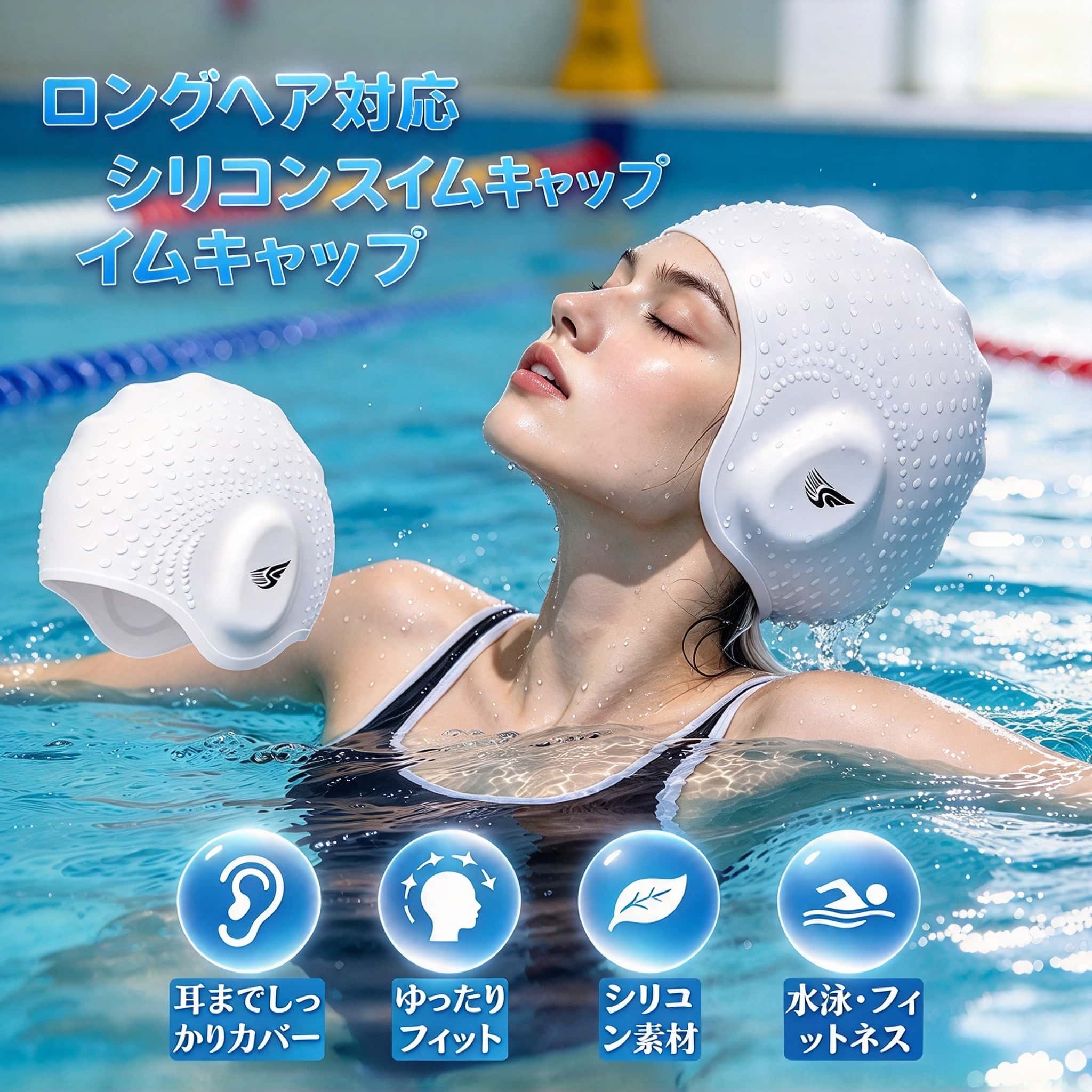 ロングヘアの方にも快適にご使用いただける大容量設計のシリコーン製スイムキャップです。髪をまとめやすいゆとりのある内部構造を採用し、水泳時の髪の広がりを抑えながら、耳までしっかり覆える立体設計により快適な装着感を実現します。プールでのトレーニングやフィットネス、水泳教室、レジャーなど幅広いシーンでご使用いただけます。 2. 製品特長 2.1 高品質シリコーン素材 柔軟性と弾力性に優れたシリコーン素材を採用しています。頭部へやさしくフィットし、長時間の着用でも圧迫感を軽減します。また、水や塩素による影響を受けにくく、耐久性にも優れています。使用後は水洗いだけでお手入れができ、繰り返し快適にご使用いただけます。 2.2 ロングヘア対応の大容量設計 内部にゆとりを持たせた設計により、ロングヘアや髪のボリュームが多い方でも髪をまとめやすく、装着時の負担を軽減します。ポニーテールやまとめ髪にも対応し、快適なフィット感を実現します。 2.3 耳までしっかりカバー 耳を包み込む立体形状を採用し、耳まわりまでしっかりフィットします。水泳中のズレを抑え、より安定した装着感をサポートします。 2.4 フィット性を高めた裾設計 キャップの開口部は頭部に沿ってフィットしやすい設計となっており、装着時の安定感を向上させています。泳いでいる際もズレにくく、快適な着用状態を維持します。 2.5 表面エンボス加工 表面には立体的なエンボス加工を施しており、水切れがよく、スタイリッシュなデザインに仕上げています。また、表面同士が貼り付きにくく、着脱もスムーズに行えます。 3. 使用方法 髪をひとつにまとめた後、本製品の開口部を両手で広げ、前方から後方へゆっくりとかぶせてください。髪全体をキャップ内へ収め、耳の位置を整えながら頭部全体に均等にフィットさせてご使用ください。ご使用後は真水で十分に洗い流し、水分を拭き取って陰干ししてください。 4. 主な使用シーン ・プールでの水泳練習 ・スイミングスクール ・フィットネスジム ・アクアエクササイズ ・レジャープール ・海水浴 5. 製品仕様 製品名称：シリコーン製ロングヘア用スイムキャップ 材質：シリコーン 対象：ロングヘアの方、髪の量が多い方、男女兼用 用途：水泳、フィットネス、レジャーなど 6. お手入れ方法 ・ご使用後は真水で十分に洗い流してください。 ・柔らかい布で水分を拭き取り、風通しの良い日陰で乾燥させてください。 ・汚れが気になる場合は中性洗剤をご使用ください。 ・漂白剤、アルコール、有機溶剤の使用はお避けください。 7. 使用上のご注意 ・鋭利な物との接触は避けてください。破損の原因となります。 ・装着時は爪やアクセサリーなどで無理に引っ張らないでください。 ・直射日光や高温多湿の場所での保管は避けてください。 ・使用後は十分に乾燥させてから保管してください。 ・本製品は髪を完全に濡らさないことを保証するものではありません。使用状況によっては水が浸入する場合があります。 ・小さなお子様の手の届かない場所に保管してください。ロングヘアの方にも快適にご使用いただける大容量設計のシリコーン製スイムキャップです。髪をまとめやすいゆとりのある内部構造を採用し、水泳時の髪の広がりを抑えながら、耳までしっかり覆える立体設計により快適な装着感を実現します。プールでのトレーニングやフィットネス、水泳教室、レジャーなど幅広いシーンでご使用いただけます。 2. 製品特長 2.1 高品質シリコーン素材 柔軟性と弾力性に優れたシリコーン素材を採用しています。頭部へやさしくフィットし、長時間の着用でも圧迫感を軽減します。また、水や塩素による影響を受けにくく、耐久性にも優れています。使用後は水洗いだけでお手入れができ、繰り返し快適にご使用いただけます。 2.2 ロングヘア対応の大容量設計 内部にゆとりを持たせた設計により、ロングヘアや髪のボリュームが多い方でも髪をまとめやすく、装着時の負担を軽減します。ポニーテールやまとめ髪にも対応し、快適なフィット感を実現します。 2.3 耳までしっかりカバー 耳を包み込む立体形状を採用し、耳まわりまでしっかりフィットします。水泳中のズレを抑え、より安定した装着感をサポートします。 2.4 フィット性を高めた裾設計 キャップの開口部は頭部に沿ってフィットしやすい設計となっており、装着時の安定感を向上させています。泳いでいる際もズレにくく、快適な着用状態を維持します。 2.5 表面エンボス加工 表面には立体的なエンボス加工を施しており、水切れがよく、スタイリッシュなデザインに仕上げています。また、表面同士が貼り付きにくく、着脱もスムーズに行えます。 3. 使用方法 髪をひとつにまとめた後、本製品の開口部を両手で広げ、前方から後方へゆっくりとかぶせてください。髪全体をキャップ内へ収め、耳の位置を整えながら頭部全体に均等にフィットさせてご使用ください。ご使用後は真水で十分に洗い流し、水分を拭き取って陰干ししてください。 4. 主な使用シーン ・プールでの水泳練習 ・スイミングスクール ・フィットネスジム ・アクアエクササイズ ・レジャープール ・海水浴 5. 製品仕様 製品名称：シリコーン製ロングヘア用スイムキャップ 材質：シリコーン 対象：ロングヘアの方、髪の量が多い方、男女兼用 用途：水泳、フィットネス、レジャーなど 6. お手入れ方法 ・ご使用後は真水で十分に洗い流してください。 ・柔らかい布で水分を拭き取り、風通しの良い日陰で乾燥させてください。 ・汚れが気になる場合は中性洗剤をご使用ください。 ・漂白剤、アルコール、有機溶剤の使用はお避けください。 7. 使用上のご注意 ・鋭利な物との接触は避けてください。破損の原因となります。 ・装着時は爪やアクセサリーなどで無理に引っ張らないでください。 ・直射日光や高温多湿の場所での保管は避けてください。 ・使用後は十分に乾燥させてから保管してください。 ・本製品は髪を完全に濡らさないことを保証するものではありません。使用状況によっては水が浸入する場合があります。 ・小さなお子様の手の届かない場所に保管してください。